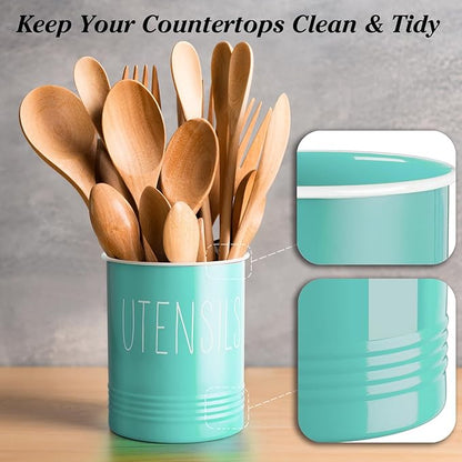 Bivvclaz Teal Kitchen Utensil Holder, 6.7" Utensil Holder for Kitchen Counter, Cooking Utensil Crock with Cork Bottom, Turquoise Decor and Accessories, Countertop Utensil Storage Caddy Organizer - Image 4