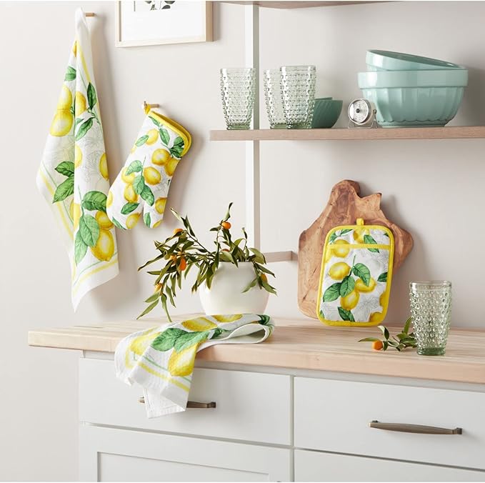 Martha Stewart Lots of Lemons Modern Kitchen Towel, Oven Mitt & Potholder Set, 4-Pack, White-Yellow - Image 2