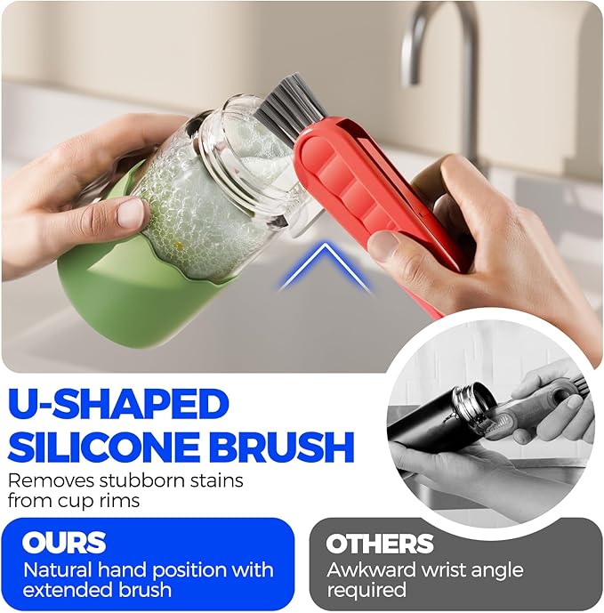 6 Pack Holikme 4 in 1 Cup Lid Cleaning Brush Set with 3 Straws, Multifunctional Bottle Brush, Silicone Cup Lid Gap Cleaner, Durable Bristle Crevice Cleaning Brush, Red - Image 2