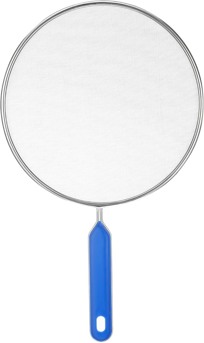 1PCS Splatter Screen for Frying Pan, 8Inch Stainless Steel Splatter Guard for Frying Pan Cooking Pots Food Strainer and Universal Cookware for Cooking, Kitchen Splash Guard No Oil Mess, No Burns(Blue) by Thinp