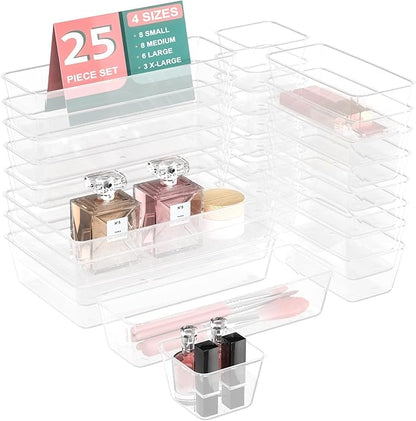 25 PCS Plastic Drawer Organizer Set, 4-size Clear Bathroom and Vanity Desk Drawer Organizer Trays, Non-Slip Versatile Storage Bins for Makeup Jewelry Office Kitchen Gadgets