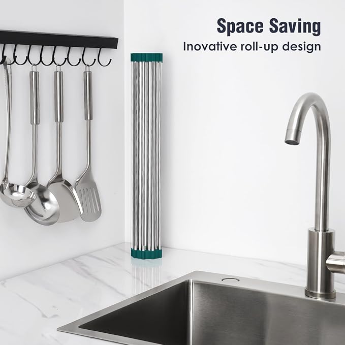Tomorotec Stainless Steel Roll Up Dish Drying Rack, Foldable Over The Sink Rolling Drainer Rack, Multipurpose Kitchen Gadget Draining Caddy Organizer, Space Saving Sink Accessory Storage Shelf Holder - Image 3