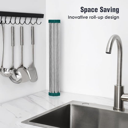 Tomorotec Stainless Steel Roll Up Dish Drying Rack, Foldable Over The Sink Rolling Drainer Rack, Multipurpose Kitchen Gadget Draining Caddy Organizer, Space Saving Sink Accessory Storage Shelf Holder - Image 3