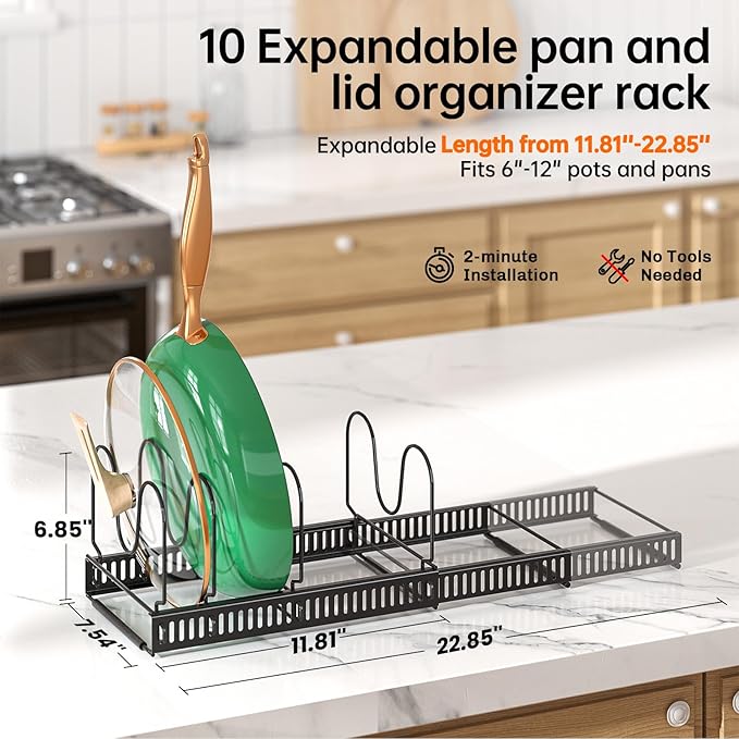 MUDEELA Pots and Pans Organizer Rack for under Cabinet, Expandable Pot Lid Kitchen Cabinet Organizer Holder with 14 Adjustable Compartment Cutting Board Organizer for Pan Lid, Bakeware - Image 2