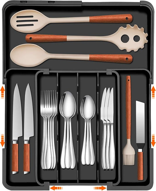 Spaclear Silverware Organizer - Expandable Kitchen Drawer Organizer, Utensil Drawer Organizer, Adjustable Plastic Flatware and Cutlery Holder, Kitchen Organizers Storage for Forks Knives, Black