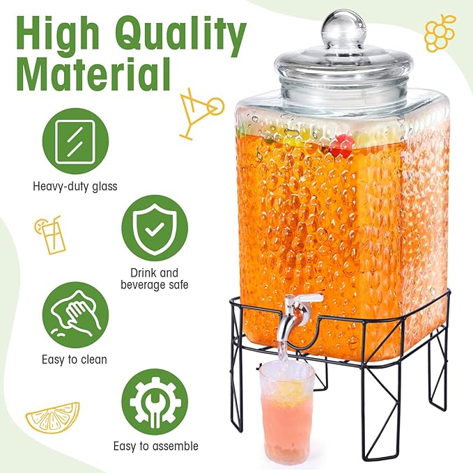 Honeydak 4.6 Gallon Glass Beverage Dispenser with Stand Stainless Steel Spigot Glass Lid Clear Iced Juice Container Leakproof Drink Dispenser Countertop Lemonade Water Jar for Wedding Party (1 Pack)