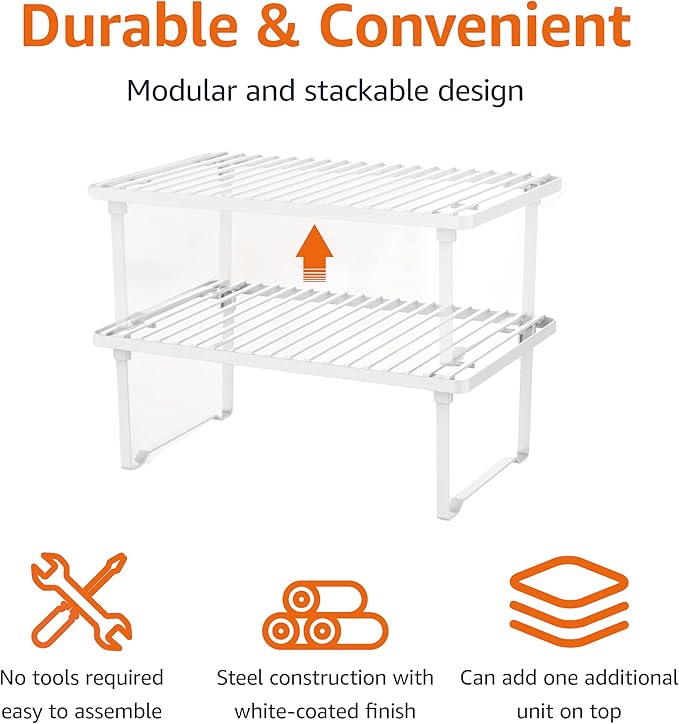 Amazon Basics Space-Saving Stackable Metal Kitchen Cabinet Organizer Shelves for Dishes, Pantry Organization, 12.5" L x 8" D x 4.5" H, Set of 2, White - Image 3
