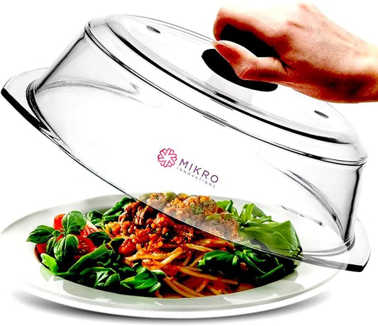 Tall Glass Microwave splatter cover | Sturdy clear 100% food safe BPA free glass lid with easy grip silicone handle | Heavy-duty glass for longer life, Dishwasher safe for easy cleaning - 10.5in by MikroInnovations