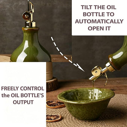 Ceramic Olive Oil Dispenser Bottle for Kitchen with Gold Gravity Spout, Large Capacity 23.6oz/700ml Oil Container, Suitable for Storage Olive Oil, Vinegar, Soy Sauce, Lemon Juice(Green)