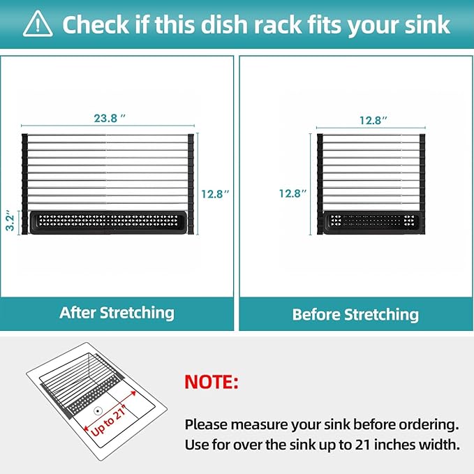 JASIWAY Roll Up Dish Drying Rack, Expandable (12.8"-23.8" D x 12.8" W) Stainless Steel Portable Over The Sink Dish Drainer for Kitchen Sink Counter, Foldable Sink Cover with Removable Utensil Holder - Image 3