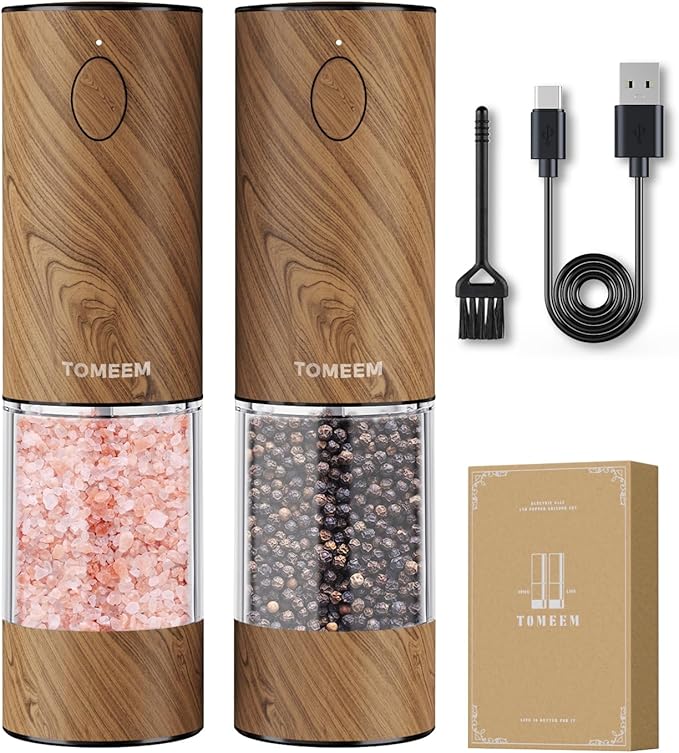 TOMEEM Upgraded Larger Capacity Electric Salt and Pepper Grinder Set Rechargeable with LED lights, Stainless Steel Automatic Pepper and Salt Grinder Refillable with 5 Adjustable Coarseness Wood Grain by Tomeem