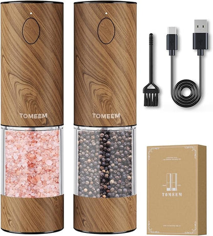 TOMEEM Upgraded Larger Capacity Electric Salt and Pepper Grinder Set Rechargeable with LED lights, Stainless Steel Automatic Pepper and Salt Grinder Refillable with 5 Adjustable Coarseness Wood Grain by Tomeem