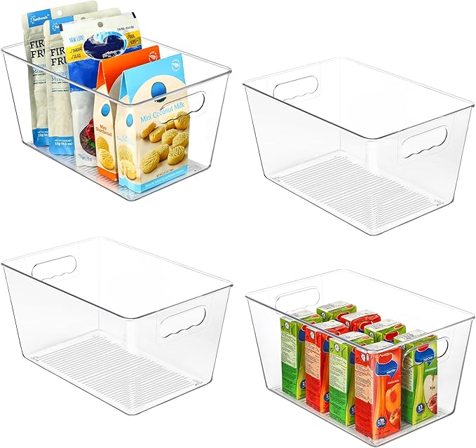 Vtopmart Clear Plastic Pantry Organizer Bins, 4 PCS Food Storage Bins with Handle for Refrigerator, Fridge, Cabinet, Kitchen, Countertops, Cupboard, Freezer Organization and Storage, BPA Free, Large by Vtopmart