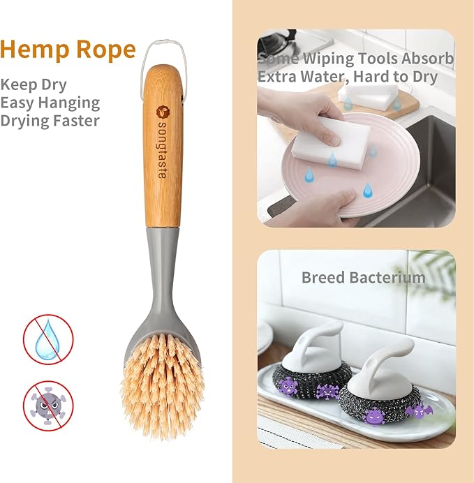 2 Pack Kitchen Dish Brush Bamboo Handle Dish Scrubber Built-in Scraper, Scrub Brush for Pans, Pots, Kitchen Sink Cleaning, Dishwashing and Cleaning Brushes are Perfect Cleaning Tools, Color-Gray - Image 2