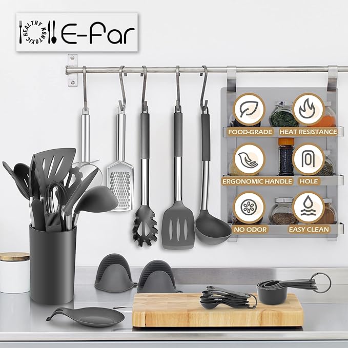 Silicone Kitchen Utensils Set, E-far 30-Piece Cooking Utensils Set with Holder, Heat Resistant Kitchen Spatulas Turner Tong Spoon Whisk Ladle for Nonstick Cookware, Stainless Steel Handle (Gray) - Image 7