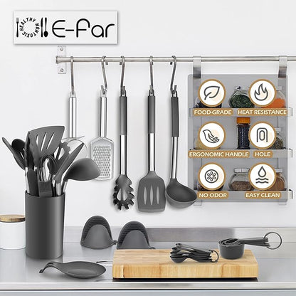 Silicone Kitchen Utensils Set, E-far 30-Piece Cooking Utensils Set with Holder, Heat Resistant Kitchen Spatulas Turner Tong Spoon Whisk Ladle for Nonstick Cookware, Stainless Steel Handle (Gray) - Image 7