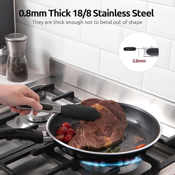 600ºF Heat Resistant Kitchen Tong: U-Taste 7 inch Silicone Cooking Tong with Firm Sealed Non Stick Rubber Tips & Silicon Coated 18/8 Stainless Steel Handle & Smooth Locking for Serving Salad (Black) - Image 5