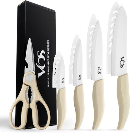 Vos ceramic knives set for kitchen in gift box, 5 ceramic knife with cover with scissors, 3" 4" 5" 6" ultra sharp knives for home cooks, lightweight, rust-free, dishwasher safe (Off-white handle)
