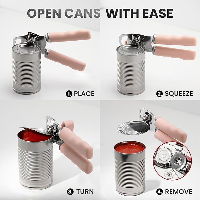 Zulay Kitchen Heavy Duty Stainless Steel Can Opener Manual with Bottle Opener - Rust Proof Manual Can Opener With Turn Knob & Comfy Soft Grip Handles - Peach - Image 6