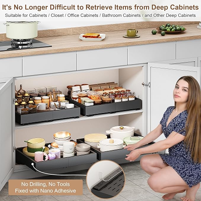 Pull out Cabinet Organizer,Expandable Width(15"-21") and Depth(17"-24") with 3 Rails,Roll out Drawers,No Drill Adjustable Slide out Shelves for Kitchen,Pantry,for Both Lip and Lip-Free Cabinets,Black - Image 4