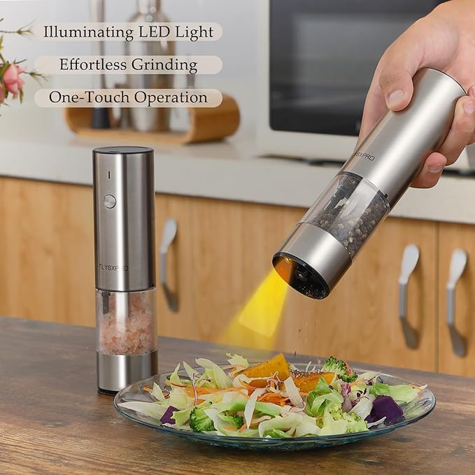 Electric Salt and Pepper Grinder Set, USB Rechargeable, Stainless Steel Automatic Salt and Pepper Mill Grinder with Adjustable Coarseness, Electric Salt Shakers, LED Light, Refillable (2 Packs) - Image 2