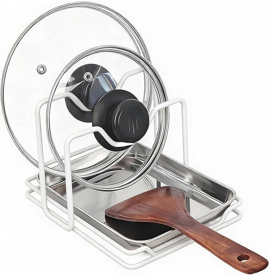 Pot Lid Holder While Cooking, 304 Stainless Steel Spoon Rest with Lid Holder for Countertop, Multifunctional Pan Lid Storage and Utensil Organizer for Stove Top