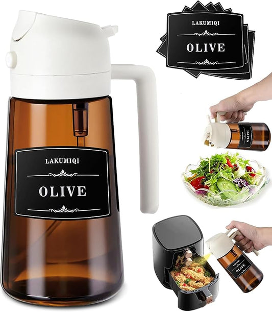 LAKUMIQI 2 in 1 Oil Sprayer for Cooking, 16oz Olive Oil Dispenser Bottle for Kitchen, Food Grade Light-Blocking Leak Proof Glass Spray Bottle for Salad, Air Fryer, BBQ by LAKUMIQI