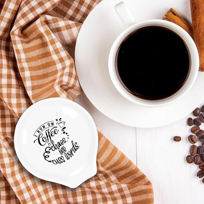 Funny Coffee Spoon Holder-Coffee Spoon Rest-Cafe Bar Station Accessories-I Run On Coffee Chaos & Cuss Sign