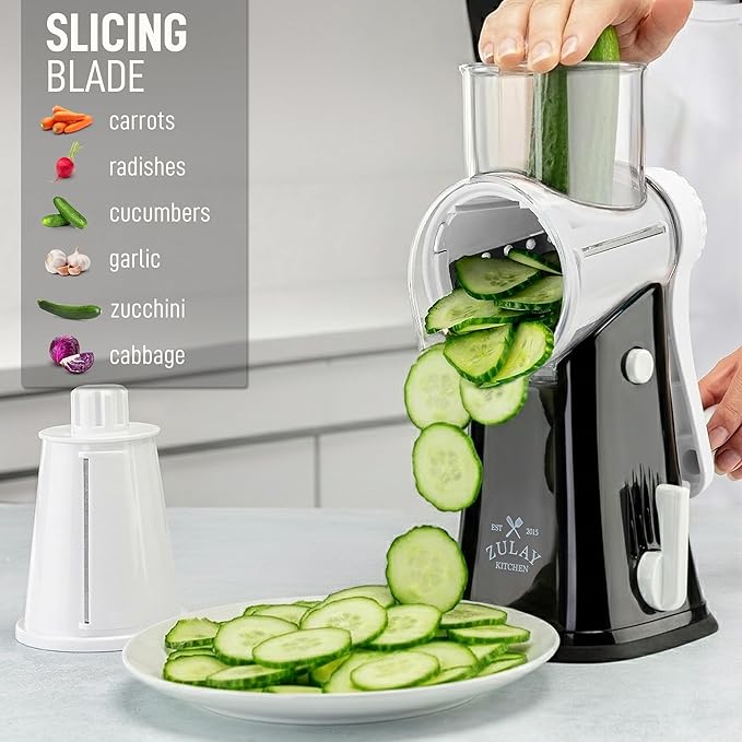 Zulay Kitchen Rotary Cheese Grater 5 Blade Cheese Shredder - Manual Hand Crank Cheese Grater With Reinforced Suction & 5 Interchangeable Drums - Easy to Use, Vegetable Chopper Round Mandoline Slicer - Image 5