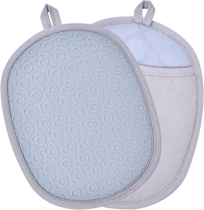 2Pack Heat-Resistant Silicone Pot Holders & Oven Mitts Set, Kitchen Hot Pads for Hands and Pots, Non-Slip Grip & Dishwasher Safe, Kitchen Accessories for Baking, Cooking, Grilling(Grey)