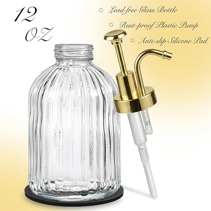 SheeChung Clear Glass Soap Dispenser, 12 Oz Liquid Hand Soap Dispenser with Pump, Refillable Lotion Dish Soap Dispenser for Kitchen, Stripes Shampoo Bottle, Bathroom Countertop (Gold Pump, 1 Pack)