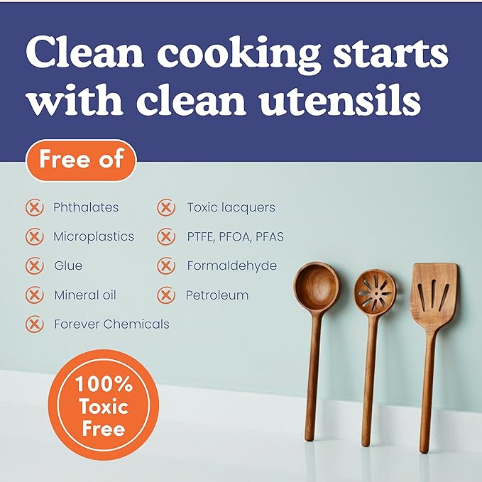 Non-Toxic Cooking Utensils – 6-Piece Kitchen Utensils Set, Glue-Free & One-Piece Wooden Spoons for Cooking, Natural Wooden Utensil Set with Plant-Based Finish, Free of Forever Chemicals - Image 3