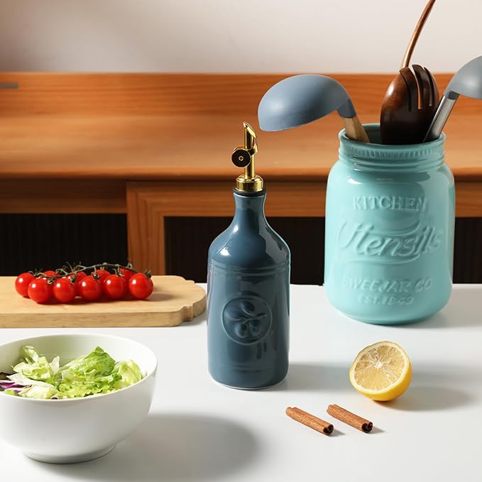 Sweejar 16 Oz Ceramic Olive Oil Dispenser Bottle, Oil Dispenser for Kitchen with Gravity Spout, Relief Opaque Oil Container for Evoo, Avocado Oil, Vinegar, Soy Sauce, 1 Pack(Fog Blue, Gold Spout) - Image 2