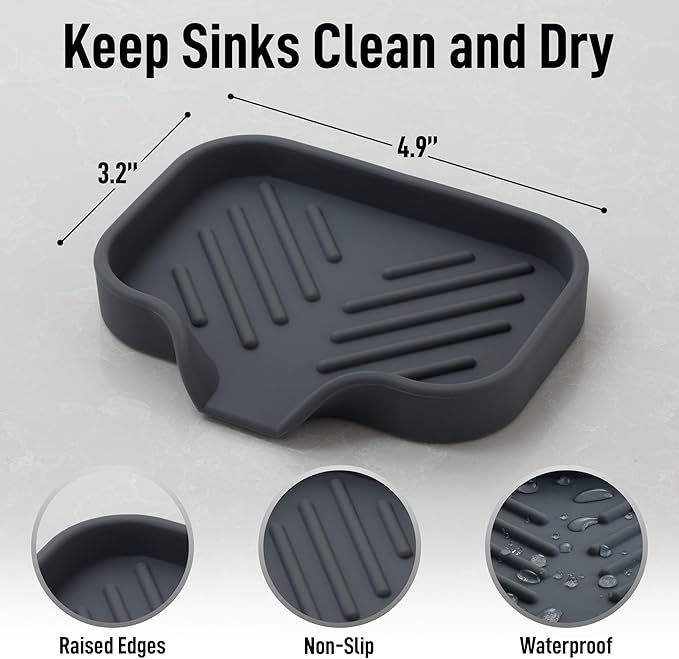 Zulay Kitchen Small Silicone Sponge Holder (4.9x3.3”) – Space-Saving Sink Organizer Tray for Sponge, Soap, Brush & More – Compact Non-Slip Dish for Kitchen & Bathroom (Grey) - Image 4