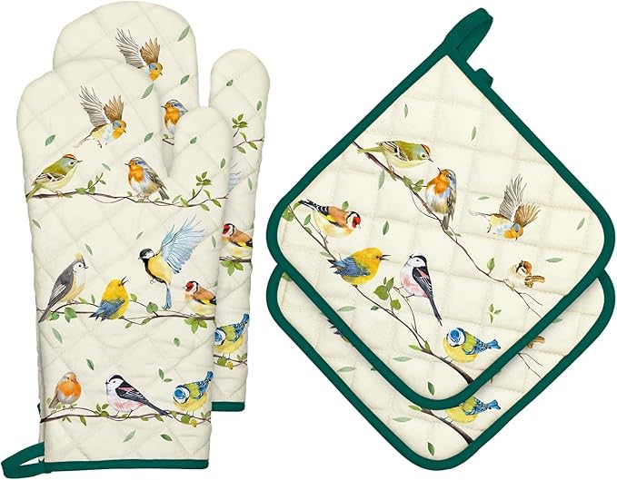 Bird Branch Oven Mitts and Pot Holders Sets 4Pcs, 100% Cotton Heat Resistant, Extra Long Oven Gloves Potholder for Kitchen Cooking Baking Decoration, Housewarming Gifts for Mom by Arquiel