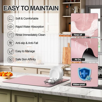 Ecotrim - Dish Drying Mat for Kitchen Counter | Coffee Bar Mat for Countertops | Heat Resistant Drainer Mat with Non-slip Rubber Backed | Hide Stain Kitchen Absorbent Draining Mat | Pink 18"x28" - Image 3