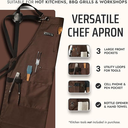 Asaya Chef and BBQ Apron with Bottle Opener and Hand Towel - 10oz Cotton Canvas, Stainless Steel Hardware - Cross Back Straps - Image 2