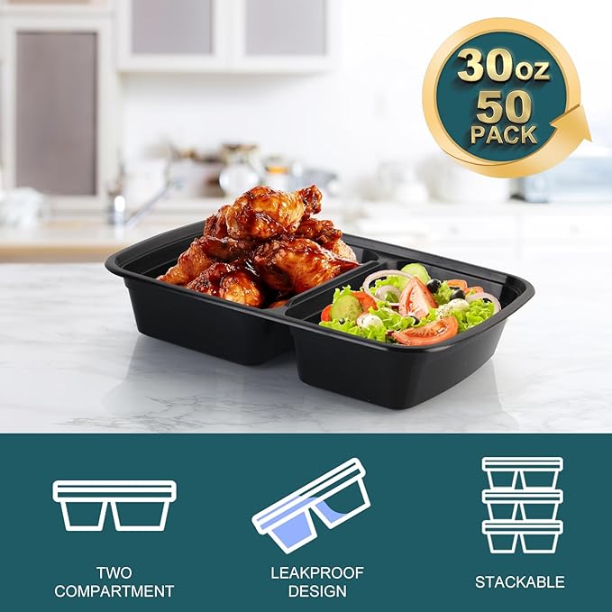 WGCC Meal Prep Containers 2 Compartment- 50Pack 30OZ Food Prep Containers With Lids, Disposable To Go Food Containers, Take Out, Stackable, Leakproof & Food Safe, Microwave, Freezer, Dishwasher Safe - Image 2
