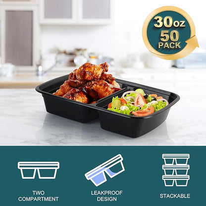 WGCC Meal Prep Containers 2 Compartment- 50Pack 30OZ Food Prep Containers With Lids, Disposable To Go Food Containers, Take Out, Stackable, Leakproof & Food Safe, Microwave, Freezer, Dishwasher Safe - Image 2