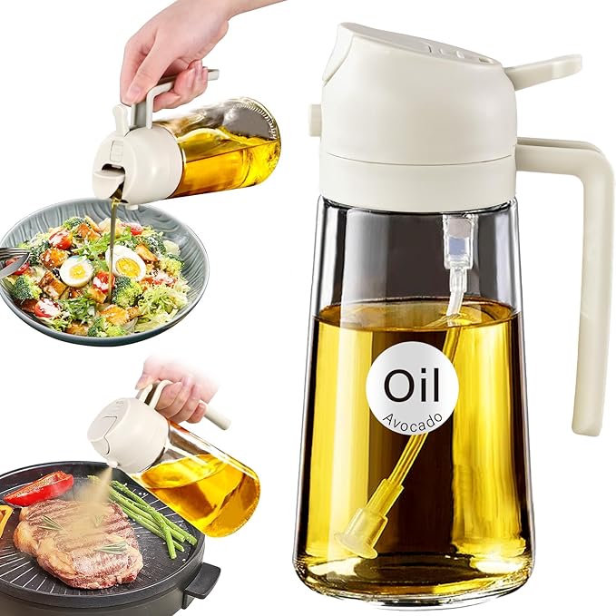 YARRAMATE 16oz/470ml Glass Olive Oil Sprayer for Cooking with Stickers, 2 in 1 Oil Dispenser for Kitchen Gadgets, Food Grade Premium Spray Bottle for Salad, Frying, BBQ (Creamy White) by YARRAMATE