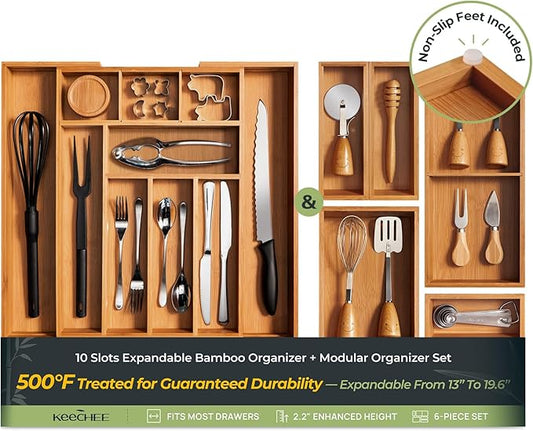 keechee 6-Piece Bamboo Drawer Organizer Set, 2.2" Deep Multi-Use Organizers for Utensils, Silverware, Cutlery, Desk, Bathroom, Junk Drawer & Makeup, Non-Slip Feet Included.