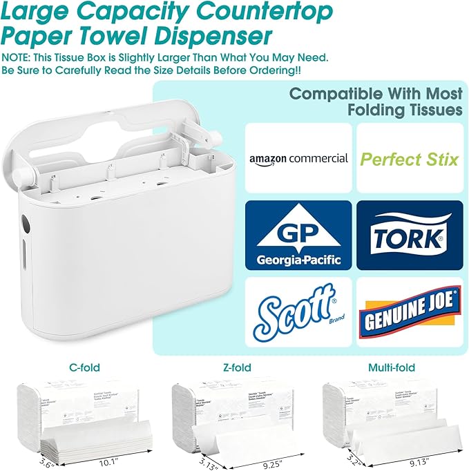 Multifold Paper Towel Dispenser Countertop, Commercial Hand Towel Dispenser for Bathroom Kitchen Home, Trifold/C Fold/Z Fold Napkin Dispenser, Abs Plastic - Non-Slip, White