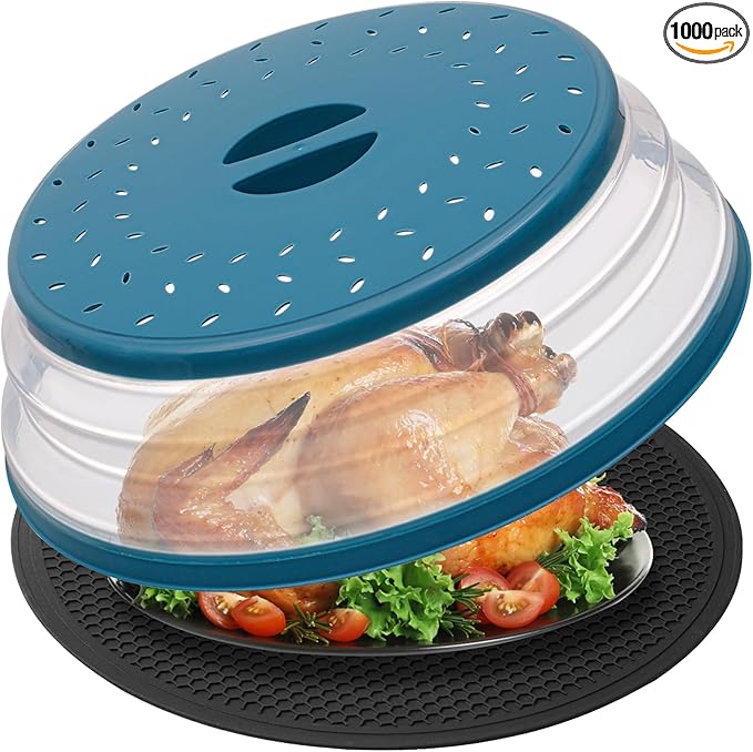 Large Microwave Splatter Cover & Silicone Mat,12 Inchs Vented Collapsible Guard dish Plate lid & Round Kitchen mat for food