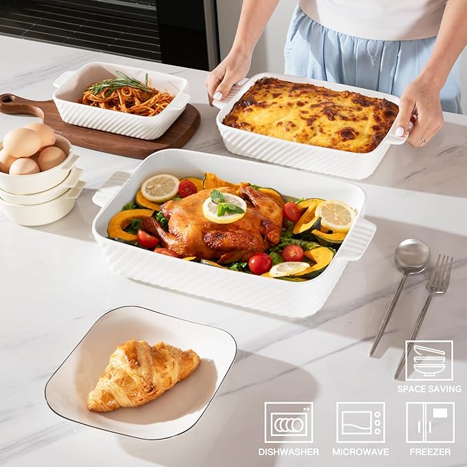 Sweejar Ceramic Baking Dish Set, Cake Baking Dish for Brownie, Porcelain Striped Casserole Dishes for Oven with Handle for Lasagna, Family Dinner(White) - Image 2