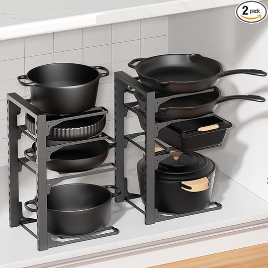 MUDEELA 2 Pack Pots and Pans Organizer under Cabinet, 4-Tier Heavy Duty Pan Organizers inside Cabinet Kitchen Storage, Adjustable Pot Rack Holds up to 44 LB Cast Iron Skillets Shallow Cookware by MUDEELA