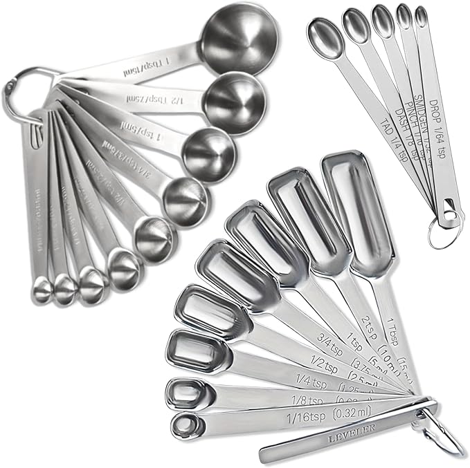 23 Pcs Stainless Steel Measuring Spoons Set with Leveler, Metal Round & Rectangular Spoons plus 5 Mini Teaspoons for Precise Cooking and Baking, Standard Sizes with Clear Engraved Markings by YUNNKEEY