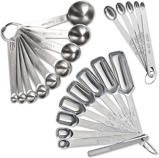 23 Pcs Stainless Steel Measuring Spoons Set with Leveler, Metal Round & Rectangular Spoons plus 5 Mini Teaspoons for Precise Cooking and Baking, Standard Sizes with Clear Engraved Markings by YUNNKEEY
