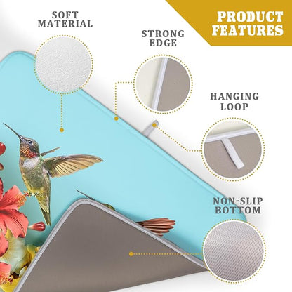 Kawani Spring Summer Hummingbirds Floral Dish Drying Mat for Kitchen Counter 16x18 In Spring Hibiscus Tropical Drying Mat Fast Dry Absorbent Microfiber Dish Drainer Rack Pad for Countertop Decor