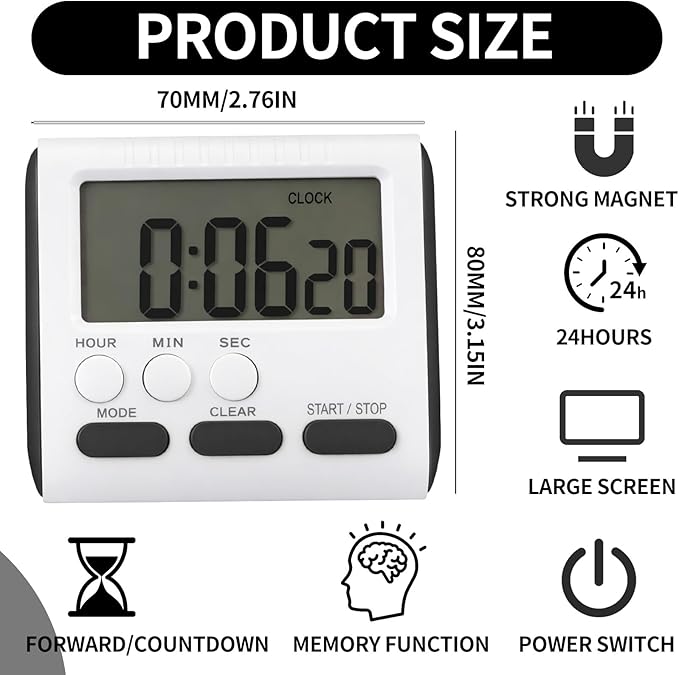 Mudder 6 Pack Digital Kitchen Timer for Cooking, Large Digits, 24 Hour Magnetic Backing Stand Kitchen Timers Clock for Classroom Kids Teachers, Loud Alarm and Large Screen (Black) - Image 2