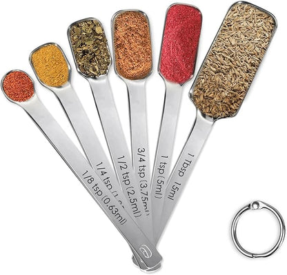 Stainless Steel Measuring Spoons Set of 6, Rectangular Metal Measuring Spoons for Dry & Liquid Ingredients, Slim Design Fits in Spice Jars, Kitchen Gadgets for Baking & Cooking by YUNNKEEY